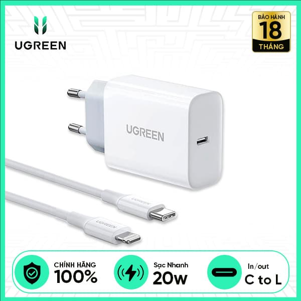 Bộ Sạc Nhanh UGREEN PD 20W C To Lightning MFI CD137 - Trắng
