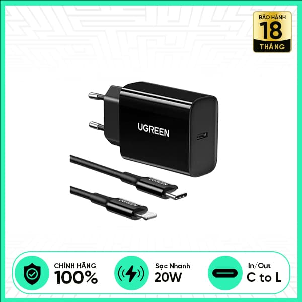 Bộ Sạc Nhanh UGREEN PD 20W C To Lightning MFI CD137 - Đen